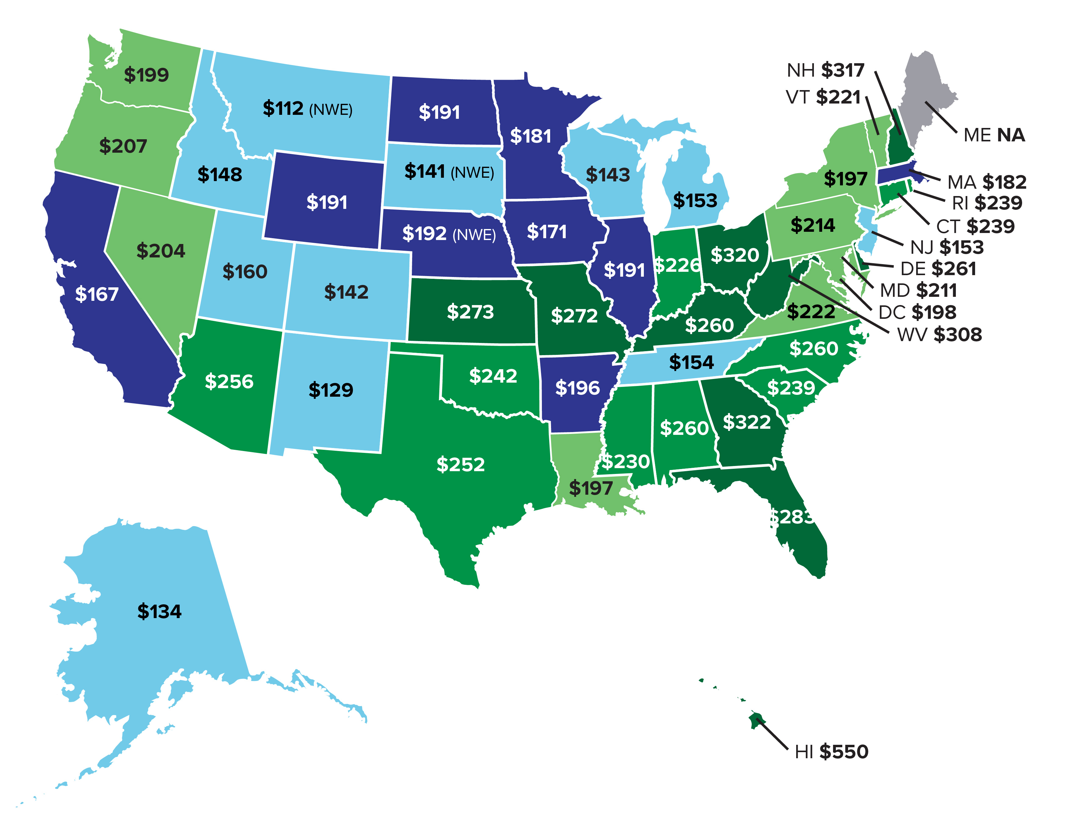 Map showing a comparison of gas rates across the US